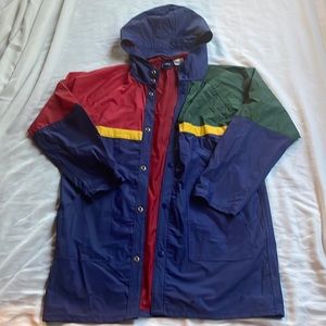 Blue, red, green, yellow button down rain coat